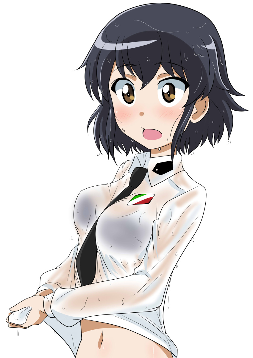 1girl absurdres alternate_hairstyle anzio_school_uniform bangs between_breasts black_hair black_neckwear breasts brown_eyes commentary dress_shirt emblem eyebrows_visible_through_hair girls_und_panzer hair_down highres long_sleeves looking_at_viewer medium_hair navel necktie open_mouth pepperoni_(girls_und_panzer) school_uniform see-through shirt short_hair simple_background solo upper_body wakku_kan wet wet_clothes wet_hair wet_shirt white_background white_shirt wing_collar wringing_clothes