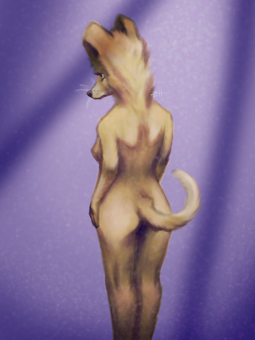 anthro breasts brown_body butt canid canine canis domestic_dog eyelashes female hi_res looking_down mammal neck_tuft nude purple_background rear_view simple_background solo standing tuft whiskers white_tail_tip zerohours