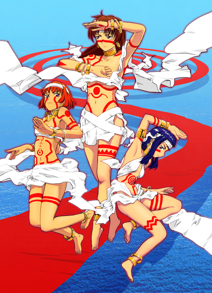 3girls anklet armlet blue_eyes blue_hair breasts brown_eyes brown_hair earrings full_body_tattoo highres jewelry medium_breasts multiple_girls navel neck_ring neo_ranga pose red_eyes red_hair shimabara_minami shimabara_ushio shimabara_yuuhi shiny small_breasts tattoo uzuki_noboru_(denchuu_shoujo) wrist_cuffs