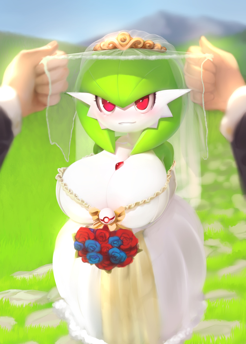 1boy 1girl absurdres bare_shoulders blurry blurry_background blush bob_cut bouquet breasts bridal_veil bride cleavage colored_skin day dress elbow_gloves field flower gardevoir gen_3_pokemon gloves green_hair green_skin highres holding holding_bouquet huge_breasts humanization lifting looking_at_viewer multicolored multicolored_skin mystical no_nose outdoors poke_ball pokemon pov premier_ball short_hair short_stack slender_waist strapless strapless_dress tiara two-tone_skin veil wedding_dress white_dress white_gloves white_skin wide_hips