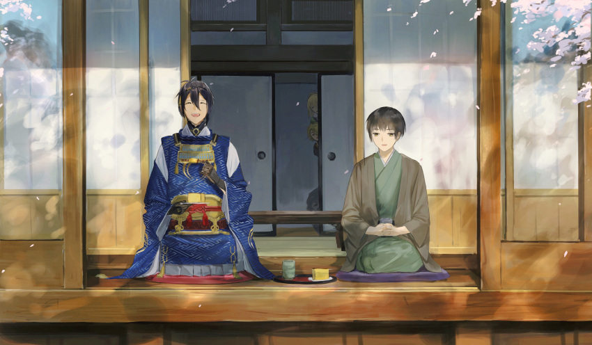 4boys ^_^ absurdres architecture axis_powers_hetalia black_gloves black_hair blonde_hair brown_eyes cake castella_(food) cherry_blossoms closed_eyes crossover cup east_asian_architecture food gloves hair_over_one_eye hakama haori hataya highres japan_(hetalia) japanese_clothes kimono male_focus mikazuki_munechika multiple_boys open_mouth petals plate sayagata seiza shishiou shishiou_no_mofumofu sitting sliding_doors smile touken_ranbu yunomi