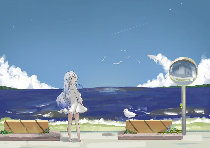 1girl absurdres alternate_costume barefoot bird blue_hair chinese_commentary cloud doris_(hololive) dress head_fins highres hololive hololive_china long_hair looking_back ocean qinxinqinxinqin scenery seagull sign sky smile solo virtual_youtuber water white_dress