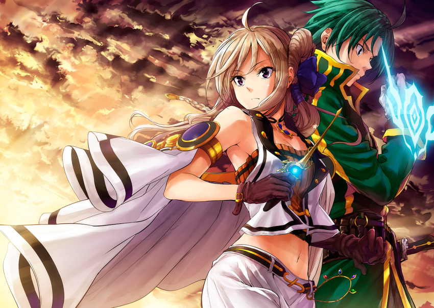 1boy 1girl ahoge armlet backlighting blonde_hair blue_bow bow breasts brown_eyes cape cleavage cloud cloudy_sky collarbone floating_hair grancrest_senki green_hair hair_bow holding holding_wand long_hair magic midriff mikuni_mizuki navel outdoors pencil_skirt shiny shiny_hair short_hair siluca_meletes skirt sky standing stomach sunlight theo_cornaro wand white_cape white_skirt