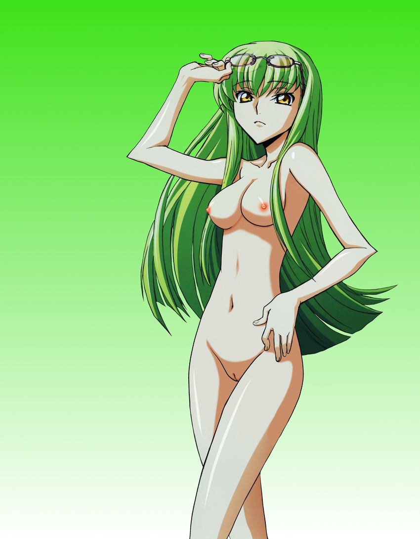1girl absurdres breasts c.c. cc code_geass green_hair highres nipples nude photoshop pussy solo uncensored yellow_eyes