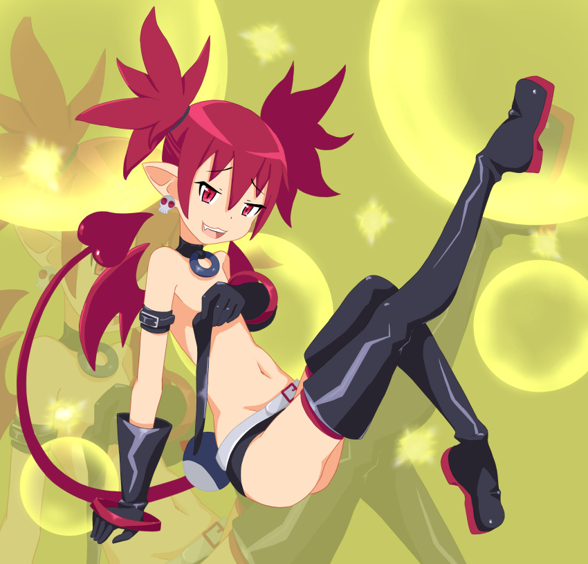 2016 5_fingers absurd_res armwear belt boots buckle butt clothed clothing collar demon disgaea ear_piercing etna female fingers flat_chested footwear gloves hair hi_res humanoid ktarl legwear looking_at_viewer mammal membranous_wings navel not_furry open_mouth piercing pointy_ears prinny red_eyes red_hair shoes short_hair simple_background skull_earrings solo spade_tail stockings teeth thigh_high_boots thigh_highs tongue video_games wings