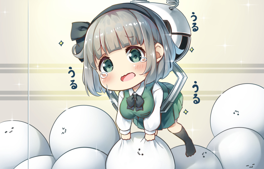 1girl :3 aqua_eyes bangs black_hairband black_legwear black_neckwear black_ribbon blunt_bangs blush bow bowtie breasts chibi coiled_cord commentary_request crane_game crying crying_with_eyes_open d: eyebrows_visible_through_hair furrowed_eyebrows glint grabbing gradient gradient_background green_skirt green_vest grey_hair hair_ribbon hairband highres hitodama holding kneehighs konpaku_youmu konpaku_youmu_(ghost) large_breasts leaning_forward long_sleeves looking_at_viewer no_shoes open_mouth pegashi pleated_skirt puffy_sleeves ribbon short_hair simple_background skirt solo sparkle tearing_up tears touhou vest wavy_mouth