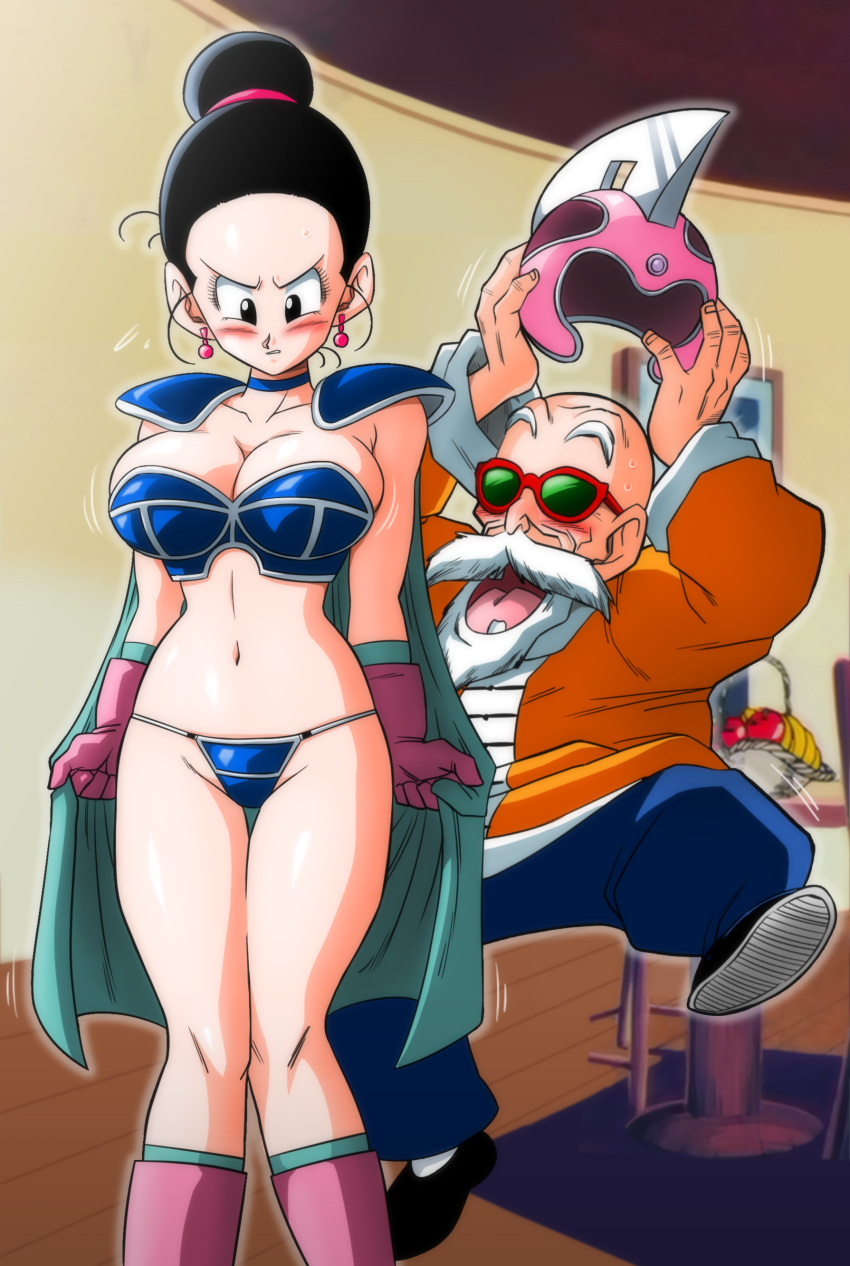 1girl absurdres armor bald beard bikini_armor black_hair blush cape chi-chi_(dragon_ball) dragon_ball dragon_ball_(classic) facial_hair fruit_bowl helmet highres house indoors mustache muten_roushi old old_man open_mouth smile sunglasses yamamoto_doujin