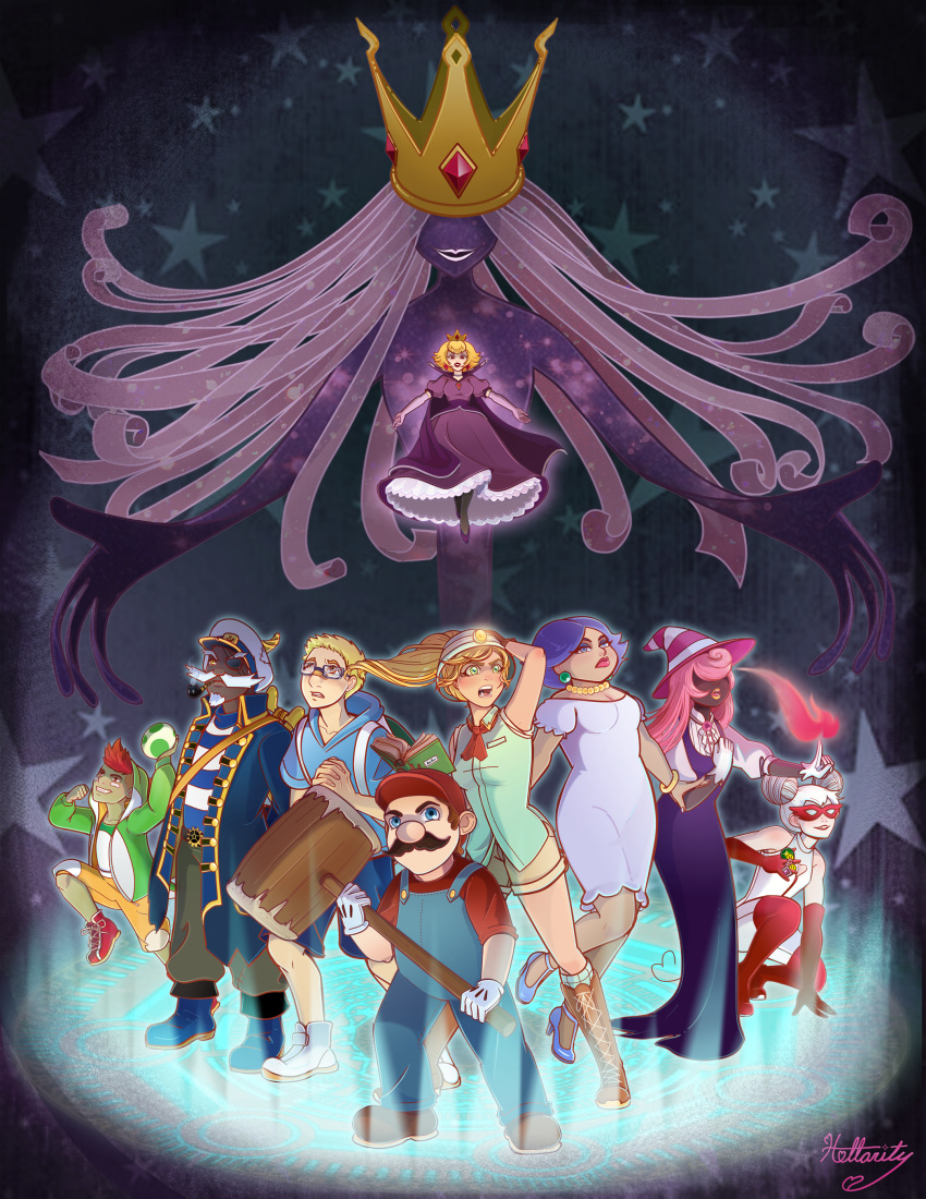 4boys 6+girls absurdres admiral_bobbery artist_name demon demon_girl earrings egg eye_mask eyepatch facial_hair flurrie glasses goombella hammer hat helmet highres hollarity humanization jewelry koopie_koo koops long_hair mario mario_(series) ms._mowz multiple_boys multiple_girls mustache necklace paper_mario:_the_thousand_year_door pipe possessed princess_peach shadow_queen signature vivian_(paper_mario) witch_hat yoshi