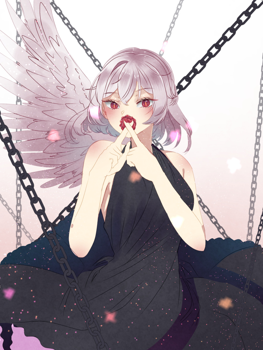 1girl alternate_costume angel_wings bangs bare_shoulders black_dress blush breasts bright_pupils chain commentary_request covering_mouth cowboy_shot crossed_fingers dress eyebrows_visible_through_hair flower gradient gradient_background hands_up highres kishin_sagume large_breasts light_particles looking_at_viewer pink_background red_eyes red_flower red_rose rose sakikagami short_hair silver_hair simple_background single_wing sleeveless sleeveless_dress solo touhou wings