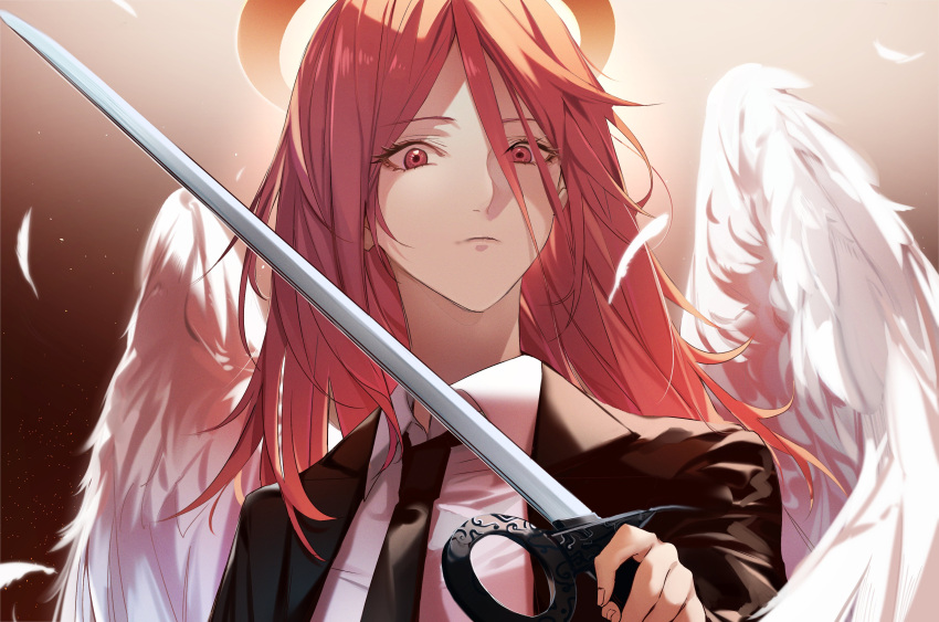1boy absurdres androgynous angel angel_devil_(chainsaw_man) angel_wings black_neckwear black_suit business_suit chainsaw_man closed_mouth collared_shirt commentary_request expressionless feathered_wings feathers formal gradient gradient_background hair_between_eyes halo highres holding holding_sword holding_weapon long_hair looking_at_viewer male_focus matsunaga777 necktie red_eyes red_hair revision shirt simple_background solo suit sword upper_body weapon white_shirt white_wings wings