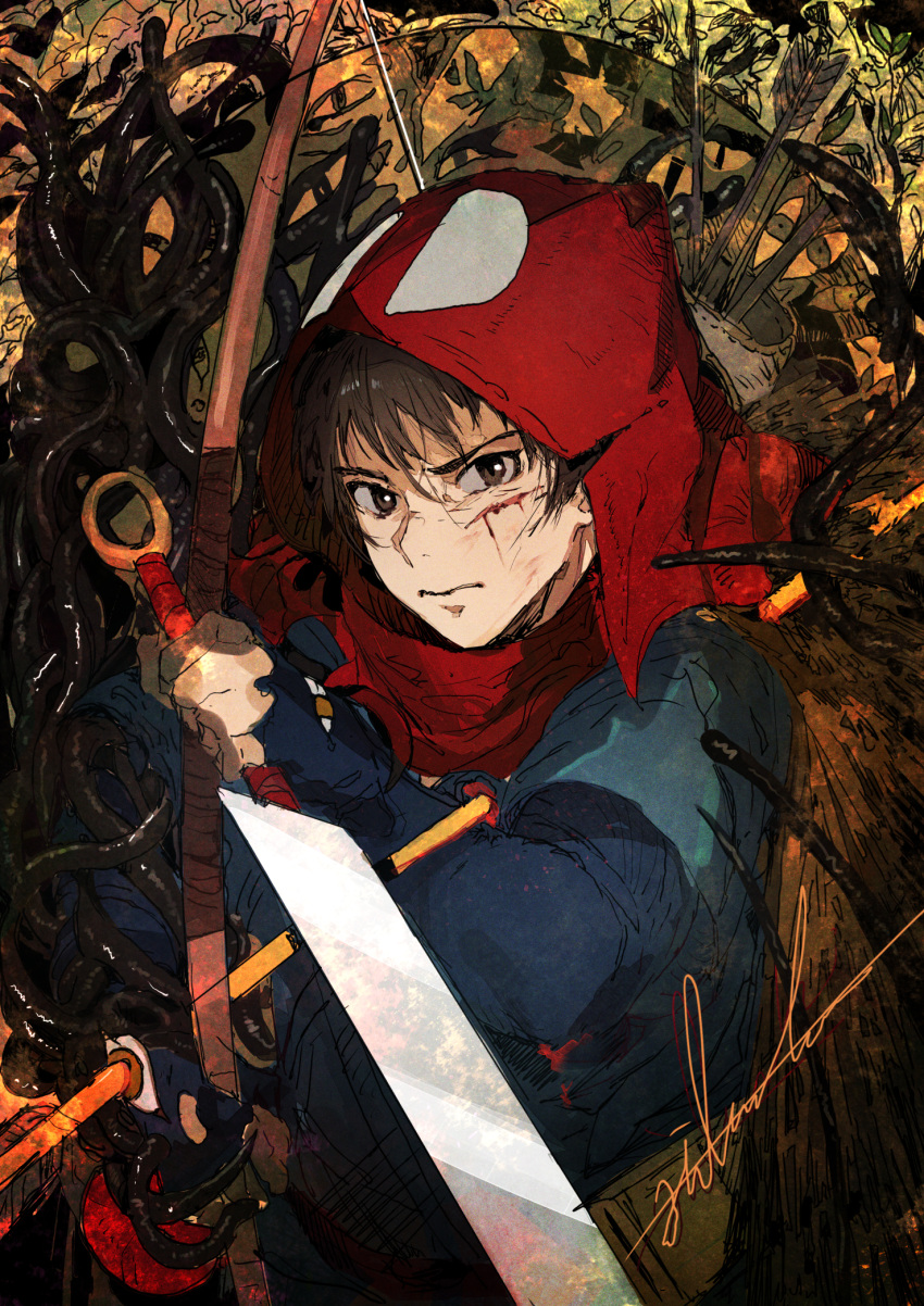 1boy arrow_(projectile) ashitaka blood blood_on_face blue_shirt bow_(weapon) brown_eyes brown_hair closed_mouth commentary cuts grimace highres hiranko holding holding_bow_(weapon) holding_sword holding_weapon hood impaled injury looking_at_viewer male_focus mononoke_hime quiver red_hood reverse_grip scabbard sheath shirt short_hair signature solo straw_cape sword unsheathed upper_body weapon