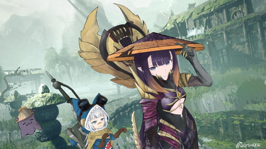 2girls :3 adjusting_clothes adjusting_headwear animal_hood cat_hood cosplay felyne felyne_(cosplay) gawr_gura goggles goggles_on_head goggles_on_headwear hat highres hololive hololive_english hood hunting_horn monster_hunter_(series) monster_hunter_rise multicolored_hair multiple_girls ninomae_ina'nis pointy_ears ruins serious silver_hair sinister_seal_(armor) two-tone_hair ulyshizu virtual_youtuber weapon weapon_on_back