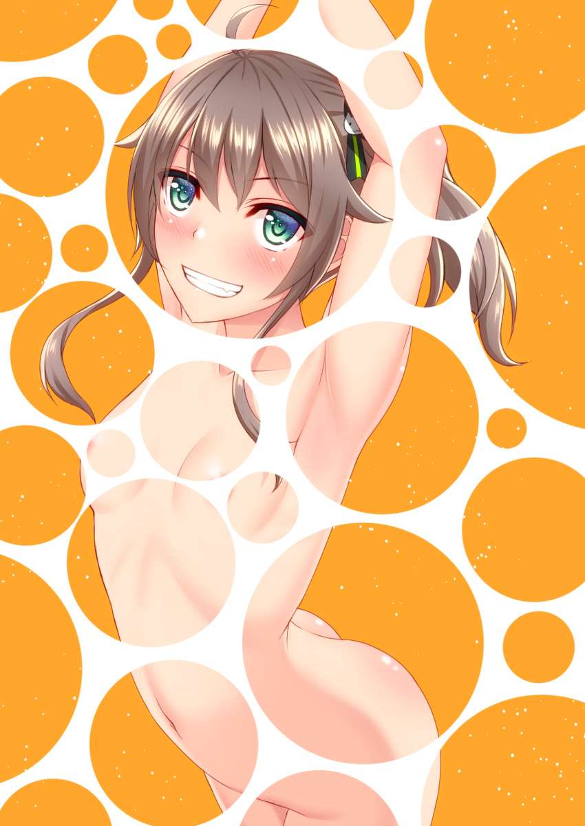 1girl absurdres arched_back areolae armpits arms_up ass bangs blush breasts brown_hair cat_hair_ornament censored collarbone completely_nude copyright_request cowboy_shot eyebrows_visible_through_hair floating_hair green_eyes grin hair_between_eyes hair_ornament highres long_hair navel nude shiny shiny_hair shiny_skin shirouzu_myuuta small_breasts smile solo yellow_background