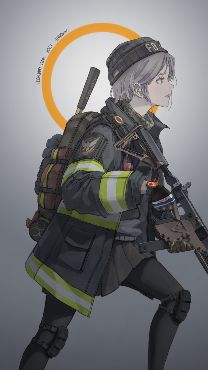 absurdres agent_vector_(girls_frontline) american_flag axe backpack bag beanie biohazard_symbol dated fire_axe firefighter girls_frontline gloves grey_hair gun hat highres jacket knee_pads kriss_vector long_sleeves new_york_city_fire_department official_alternate_costume open_mouth pantyhose pleated_skirt profile shemagh short_hair skirt submachine_gun tom_clancy's_the_division trigger_discipline useless vector_(girls_frontline) watch weapon wristwatch yellow_eyes