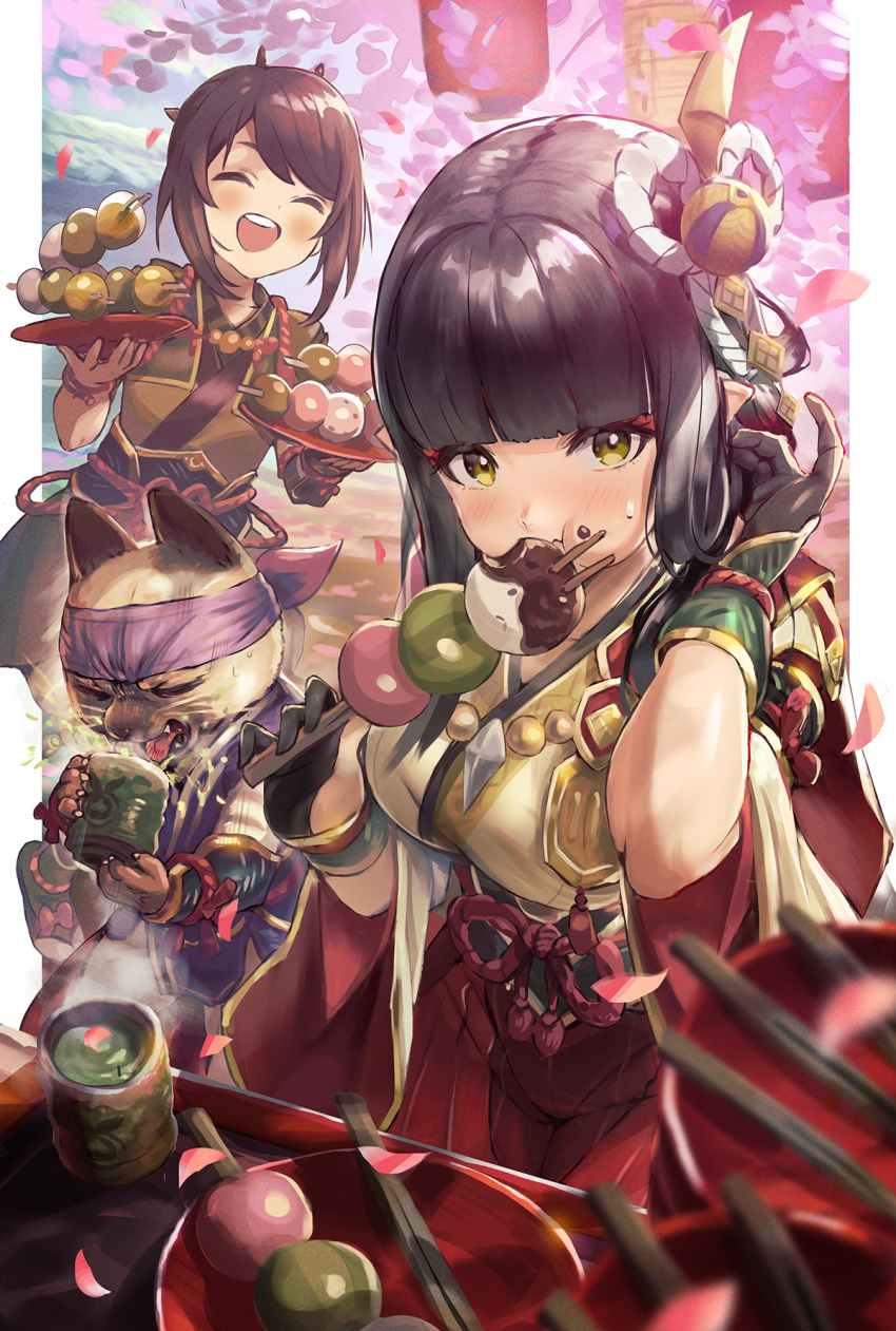 :d bangs cherry_blossoms cup dango eating felyne food gloves hair_ribbon headband highres hinoa inoki-08 monster_hunter_(series) monster_hunter_rise mouthful open_mouth ribbon smile tea wagashi yomogi