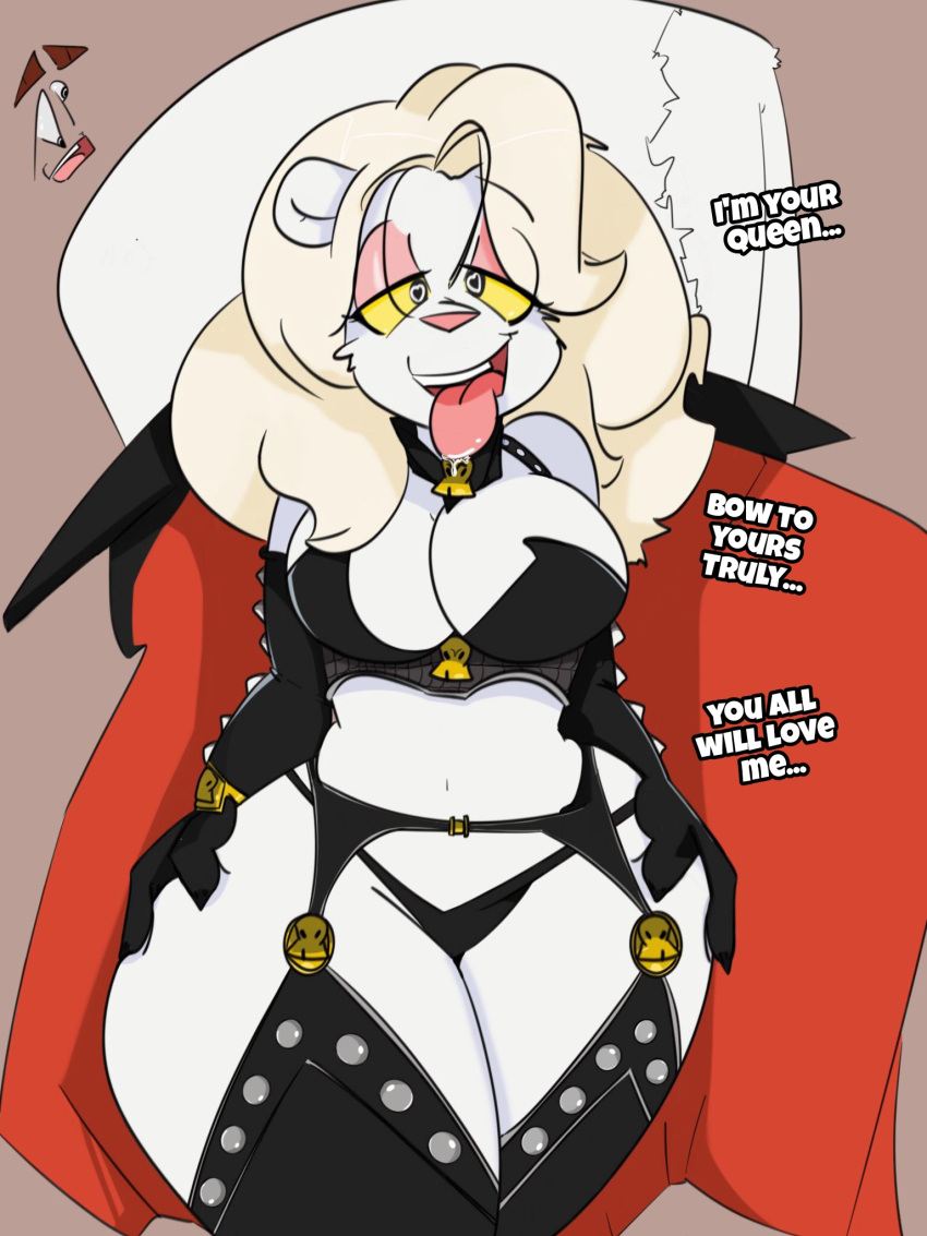 &lt;3 &lt;3_eyes 2018 animaniacs anthro bedroom_eyes big_breasts blonde_hair bodily_fluids breasts cape clothing collar cosplay crossover crossover_cosplay curvy_figure dialogue digital_media_(artwork) drooling english_text female fur hair hands_on_hips hi_res hourglass_figure huge_breasts inkit89 lady_death looking_at_viewer mammal minerva_mink mink mustelid musteline narrowed_eyes panties saliva seductive simple_background smile solo talking_to_viewer teeth text thick_thighs tongue tongue_out true_musteline underwear voluptuous warner_brothers white_body white_fur wide_hips yellow_sclera