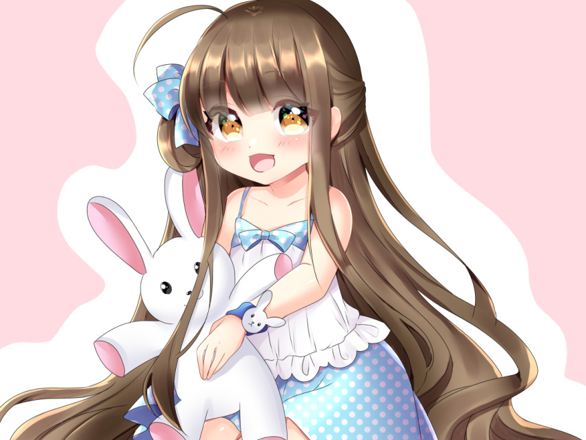 1girl :d ahoge bangs bare_shoulders blue_bow blue_skirt blush bow brown_eyes brown_hair camisole commentary_request eyebrows_visible_through_hair hair_bow hair_bun long_hair looking_at_viewer misaki_(misaki86) open_mouth original pink_background polka_dot polka_dot_bow polka_dot_skirt side_bun sitting skirt smile solo stuffed_animal stuffed_bunny stuffed_toy two-tone_background very_long_hair white_background white_camisole