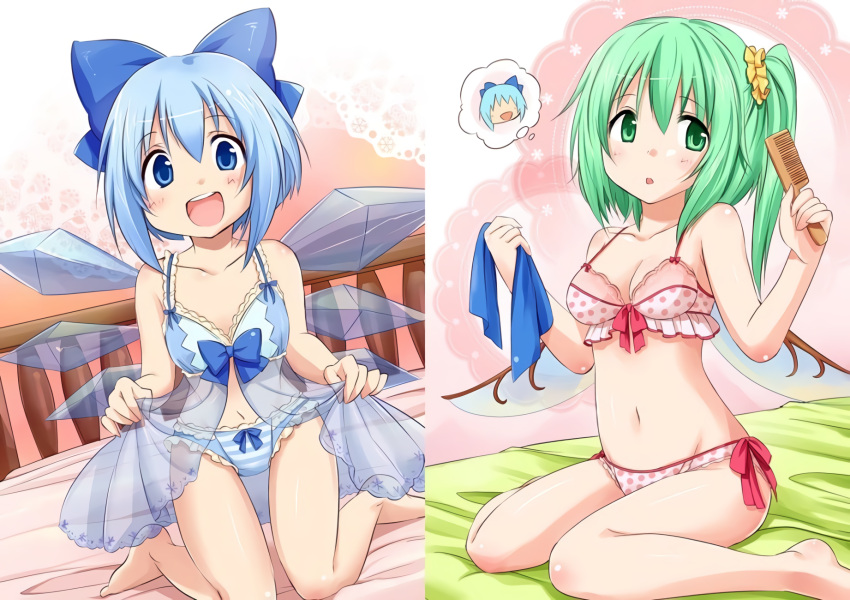 2girls babydoll bow bow_bra bow_panties bra breasts cirno daiyousei dress highres md5_mismatch multiple_girls on_bed panties pink_bra pink_dress pink_panties polka_dot polka_dot_bra polka_dot_panties resolution_mismatch ruo_(cruzada) source_smaller striped striped_panties touhou underwear