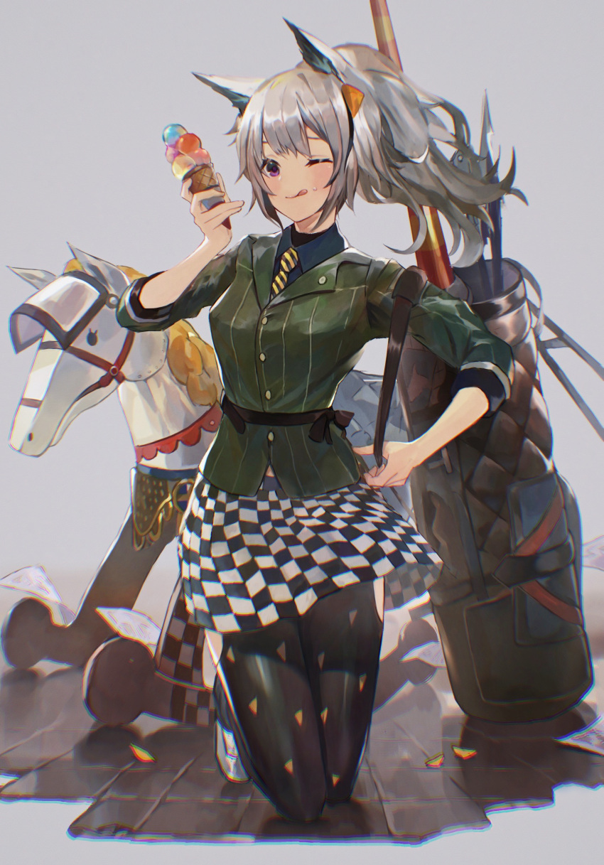 1girl :p absurdres animal_ear_fluff animal_ears arknights bangs black_legwear blush checkered checkered_skirt commentary eyebrows_visible_through_hair food grani_(arknights) grani_(miraculous_moment)_(arknights) green_shirt grey_eyes highres hip_vent holding holding_food horse_ears horse_girl ice_cream ice_cream_cone kneeling looking_at_viewer miniskirt official_alternate_costume one_eye_closed pantyhose shike_guma shirt shoes short_hair silver_hair skirt sneakers solo tongue tongue_out white_footwear