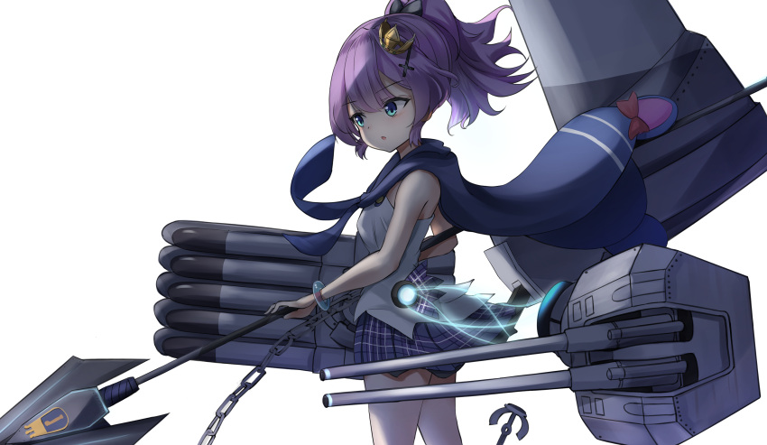 1girl absurdres anchor azur_lane bangs blue_eyes bracelet chain commentary_request crown eyebrows_visible_through_hair glowing hair_ribbon highres holding holding_spear holding_weapon javelin javelin_(azur_lane) jewelry long_hair looking_away machinery micchamu mini_crown parted_lips plaid plaid_skirt pleated_skirt polearm ponytail purple_hair ribbon shade sidelocks simple_background skirt solo spear torpedo_tubes turret weapon white_background wind