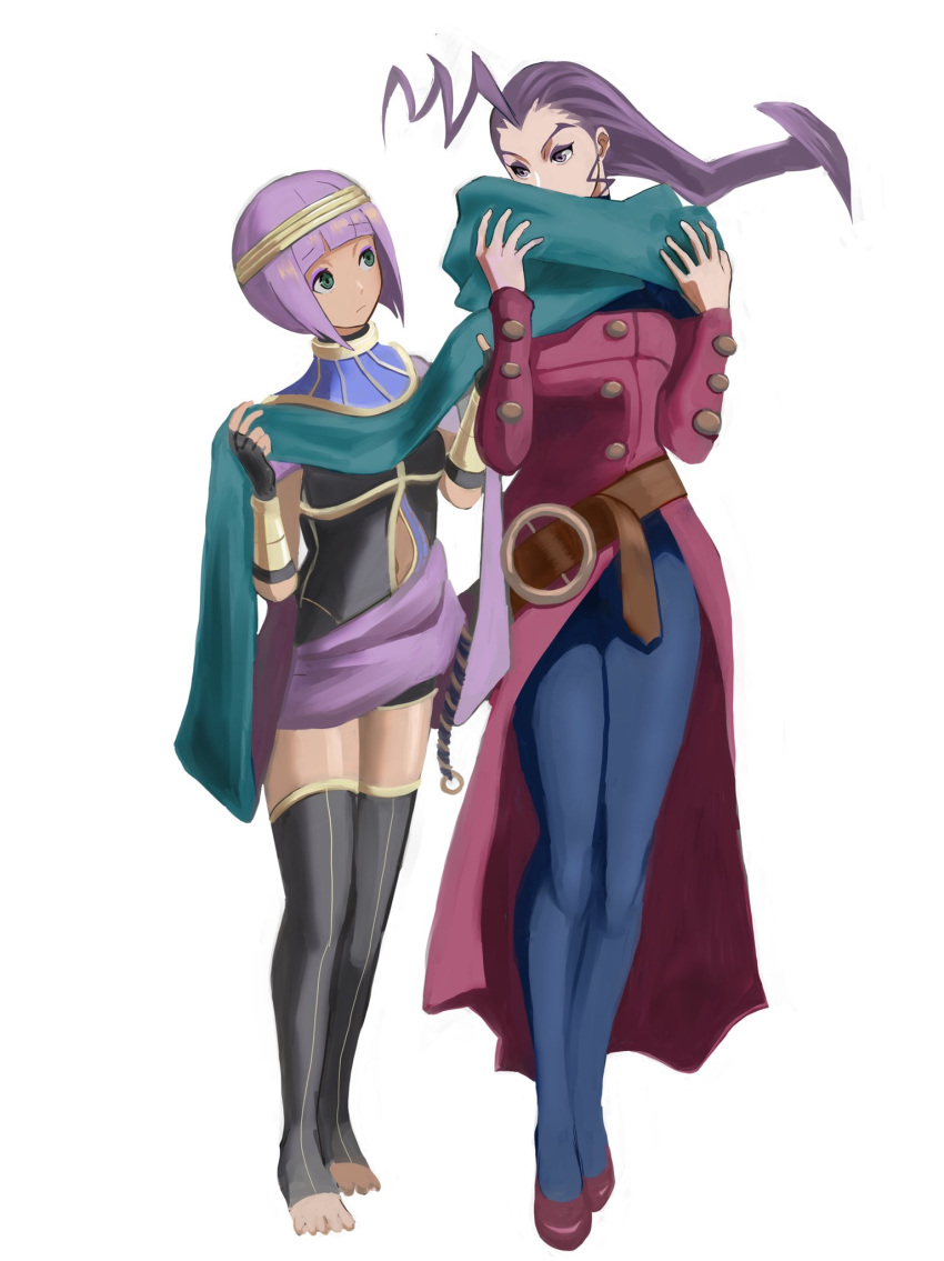 2girls antenna_hair belt bracer circlet clothing_cutout fingerless_gloves gloves highres looking_at_another loose_belt meke_(77842928) menat multiple_girls navel navel_cutout pantyhose purple_hair rose_(street_fighter) sash scarf shawl short_hair simple_background street_fighter street_fighter_v thighhighs toeless_legwear v-shaped_eyebrows