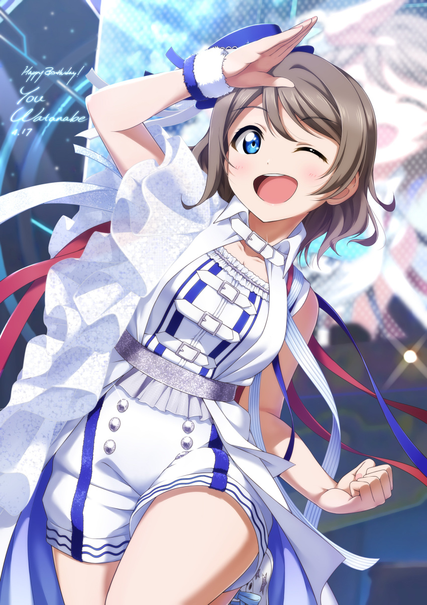 1girl bangs birthday blue_eyes character_name check_commentary clenched_hand commentary_request dated english_text eyebrows_visible_through_hair grey_hair happy_birthday hat highres looking_at_viewer love_live! love_live!_sunshine!! one_eye_closed salute shiimai short_hair sidelocks solo watanabe_you wristband