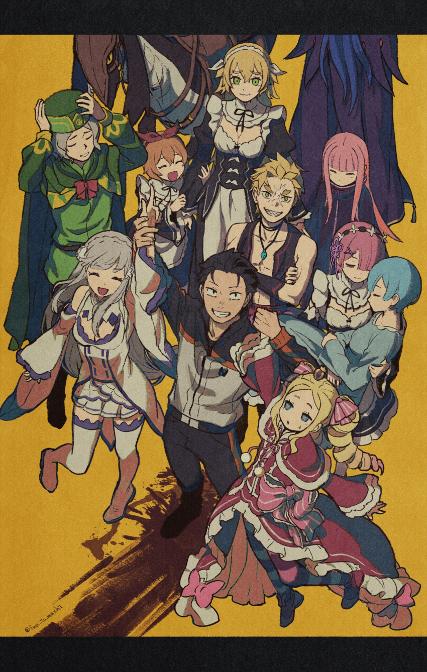 3boys 6+girls absurdres arm_up bangs beatrice_(re:zero) black_dress black_hair blonde_hair blood blue_hair boots bow bow_hairband breasts brother_and_sister carrying cleavage clenched_teeth closed_eyes closed_mouth collarbone commentary_request crossed_arms dress drill_hair emilia_(re:zero) eyelashes frederica_baumann frills garfiel_tinsel green_eyes green_headwear grey_hair hair_ornament hair_ribbon hairband hat highres iwamushi jacket jewelry letterboxed long_hair long_sleeves maid multiple_boys multiple_girls natsuki_subaru necklace orange_background orange_hair otto_suewen pants pantyhose parted_lips patrasche_(re:zero) petra_leyte pink_bow pink_hair ram_(re:zero) re:zero_kara_hajimeru_isekai_seikatsu red_hairband rem_(re:zero) ribbon ryuzu_meyer shoes short_hair siblings sidelocks simple_background sisters smile standing striped striped_legwear teeth thighhighs twin_drills wrist_grab |d