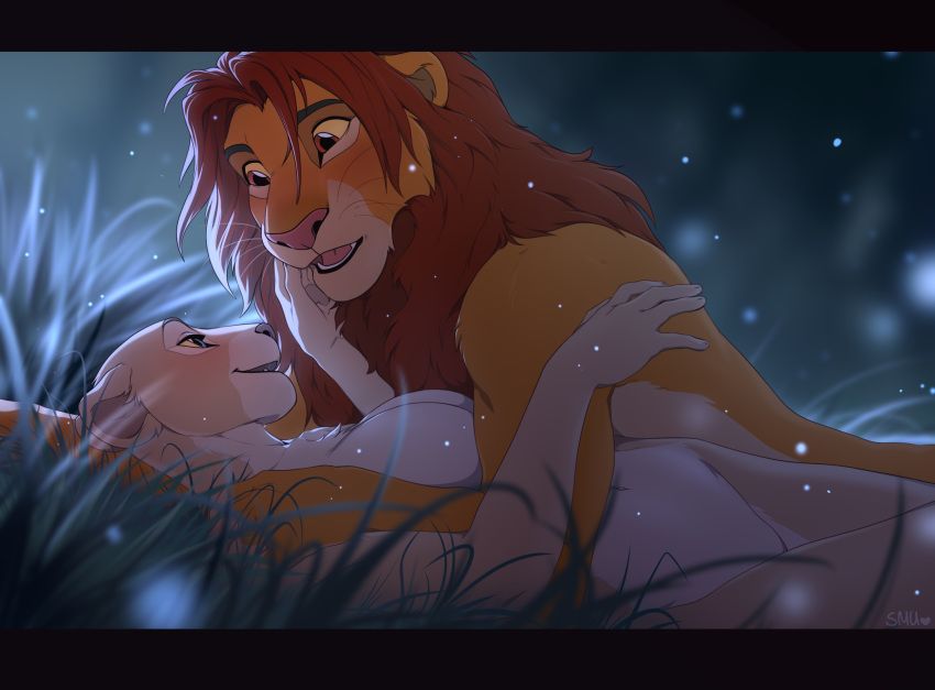 2021 anthro blue_eyes breasts digital_media_(artwork) disney duo eyebrows eyelashes featureless_breasts featureless_crotch felid female fur grass hi_res lion male male/female mammal nala nude open_mouth pantherine plant simba smile smileeeeeee smu tan_body tan_fur teeth the_lion_king tongue yellow_sclera