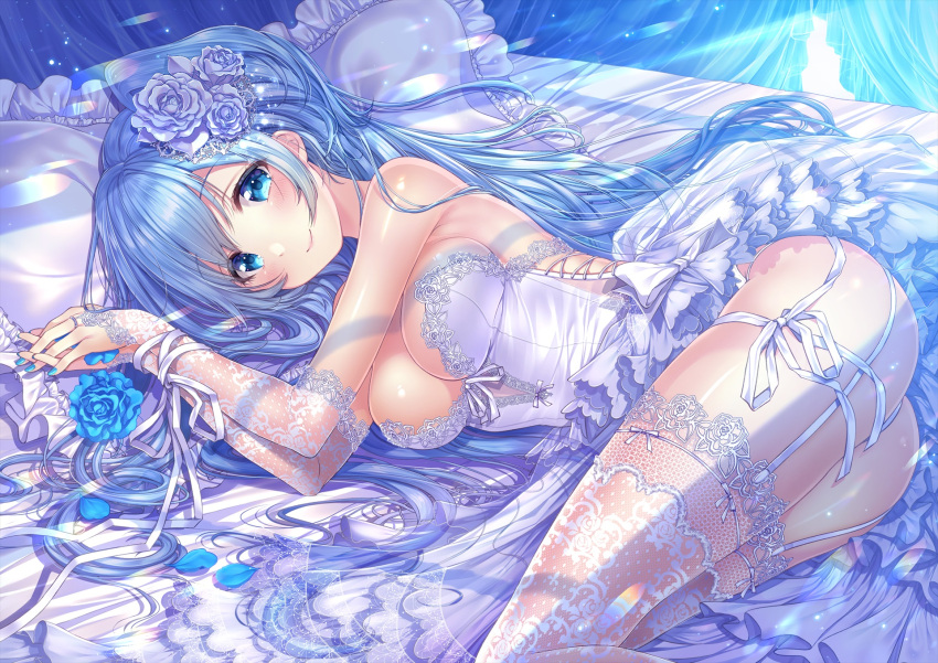 1girl artist_name ass bare_shoulders bed blue_eyes blue_flower blue_hair blue_nails blue_rose blush bound bound_wrists breasts bridal_gauntlets closed_mouth curtains dress elbow_gloves emori_miku emori_miku_project feet_out_of_frame fingernails flower garter_straps gloves hair_flower hair_ornament hair_spread_out highres lace lace_gloves lace_legwear large_breasts light_rays long_hair looking_at_viewer lying nail_polish on_bed on_side panties petals pillow purple_flower purple_rose ribbon rose rose_petals sakura_moyon smile solo thighhighs underwear very_long_hair watermark white_dress white_legwear white_panties white_ribbon