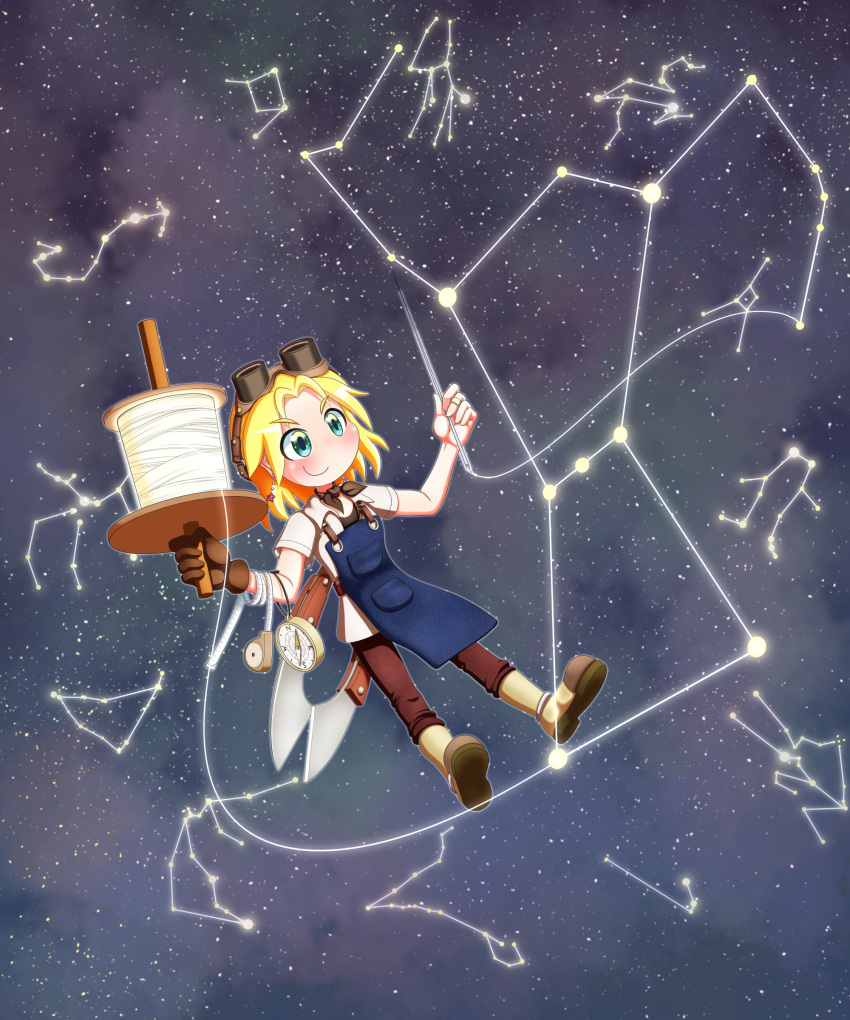 1girl absurdres blonde_hair boots brown_footwear brown_gloves commentary_request compass constellation earrings eyebrows_visible_through_hair eyes_visible_through_hair gloves goggles goggles_on_head green_eyes highres holding holding_needle jewelry neckerchief needle original rakugaki-biyori sewing_needle single_glove smile solo space spool star_(sky) star_(symbol) star_earrings tape_measure thread