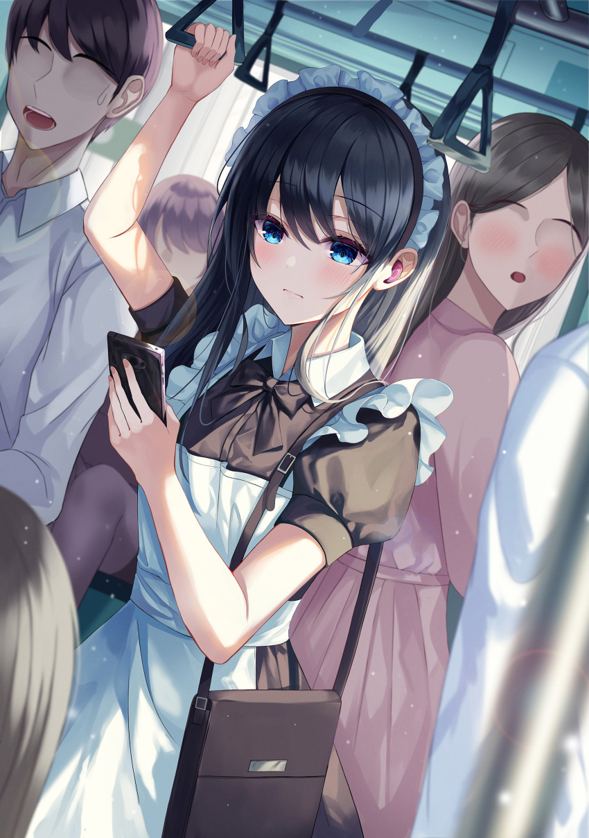 1girl absurdres apron bag bangs black_hair blue_eyes blurry blurry_foreground blush closed_eyes depth_of_field dress duplicate eyebrows_visible_through_hair gongha hand_up handbag highres holding holding_phone light_particles long_hair maid maid_headdress missing_eye original phone puffy_short_sleeves puffy_sleeves shirt short_sleeves solo_focus train_interior