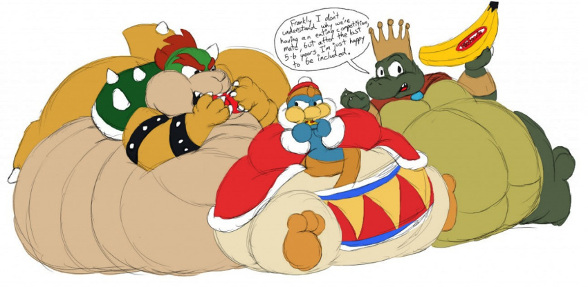 2018 3_toes 4_fingers anthro armband avian banana beak belly belly_scales biceps big_belly big_butt biped bird blue_body blue_feathers bowser bracelet butt cape cape_only claws clothed clothing collar collar_only colored_sketch crocodile crocodilian crocodylid crown dialogue donkey_kong_(series) eating english_text eyebrows fangs feathers feet finger_claws fingers food front_view fruit green_body green_scales group hair hat headgear headwear holding_food holding_object horn huge_butt huge_thighs hyper hyper_belly jewelry king king_dedede king_k._rool kirby_(series) koopa kremling looking_at_viewer lying male mario_bros morbidly_obese morbidly_obese_anthro morbidly_obese_male mostly_nude multicolored_body multicolored_scales musclegut muscular muscular_anthro muscular_male nemo nintendo nude obese obese_anthro obese_male on_front open_mouth overweight overweight_anthro overweight_male pecs penguin pizza plant plantigrade red_eyebrows red_hair reptile robe royalty scales scalie sharp_teeth simple_background sitting speech_bubble spiked_armband spiked_bracelet spiked_tail spikes spikes_(anatomy) stuffing talking_to_viewer tan_body tan_scales teeth text the-anonymous88 thick_thighs toe_claws toes trio video_games weight_gain white_background white_claws wide_hips yellow_beak yellow_body yellow_scales