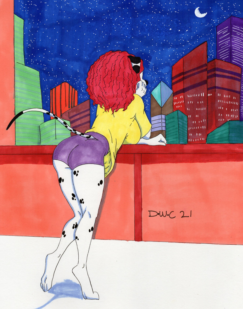 absurd_res anthro balcony butt canid canine canis charlene_palmer city cityscape dalmatian domestic_dog dreadwolfclaw1990 female hi_res mammal night stare