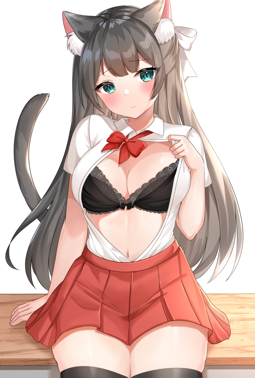 1girl animal_ear_fluff animal_ears arm_support black_bra black_legwear blue_eyes bow bowtie bra breasts cat_ears cat_girl cat_tail cleavage collared_shirt grey_hair highres katsushika_pachi large_breasts long_hair looking_at_viewer miniskirt navel open_clothes open_shirt original pleated_skirt red_skirt shirt shirt_tucked_in short_sleeves simple_background sitting skirt solo tail thighhighs underwear white_background white_shirt zettai_ryouiki