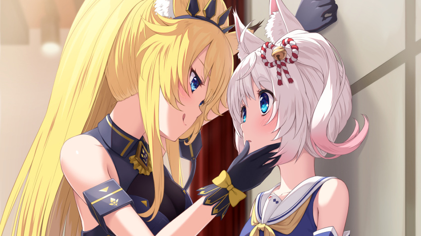2girls animal_ears backstage bell blonde_hair blue_eyes blush bow breasts caracal_ears caracal_girl cleavage commentary eye_contact fox_ears fox_girl gloves hand_on_another's_face highres howan_(show_by_rock!!) indoors jingle_bell long_hair looking_at_another medium_breasts medium_hair multiple_girls nuenue rararin_(show_by_rock!!) show_by_rock!! stage_lights tiara tongue tongue_out upper_body very_long_hair wall_slam white_hair yuri