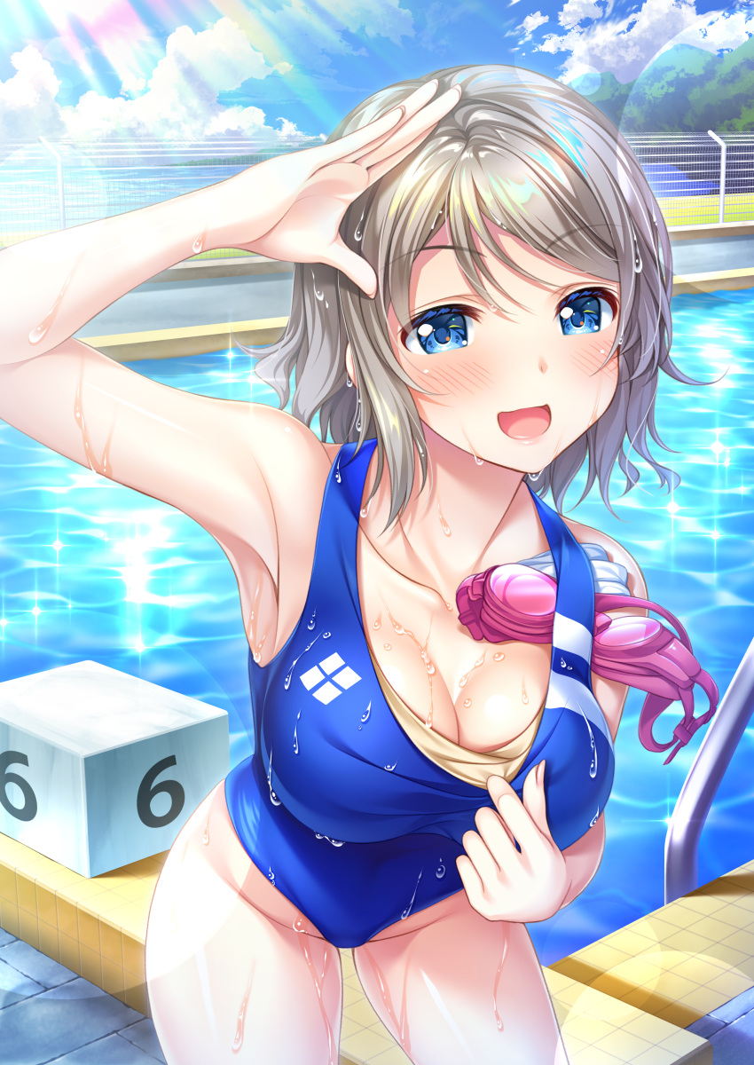 1girl absurdres blue_eyes blue_sky blue_swimsuit breasts cleavage clothes_pull cloud commentary_request competition_swimsuit cowboy_shot day goggles goggles_removed grey_hair happy_birthday highres looking_at_viewer love_live! love_live!_sunshine!! medium_breasts one-piece_swimsuit outdoors pool saikyo_pink_fp salute short_hair sky solo starting_block swimsuit swimsuit_pull watanabe_you