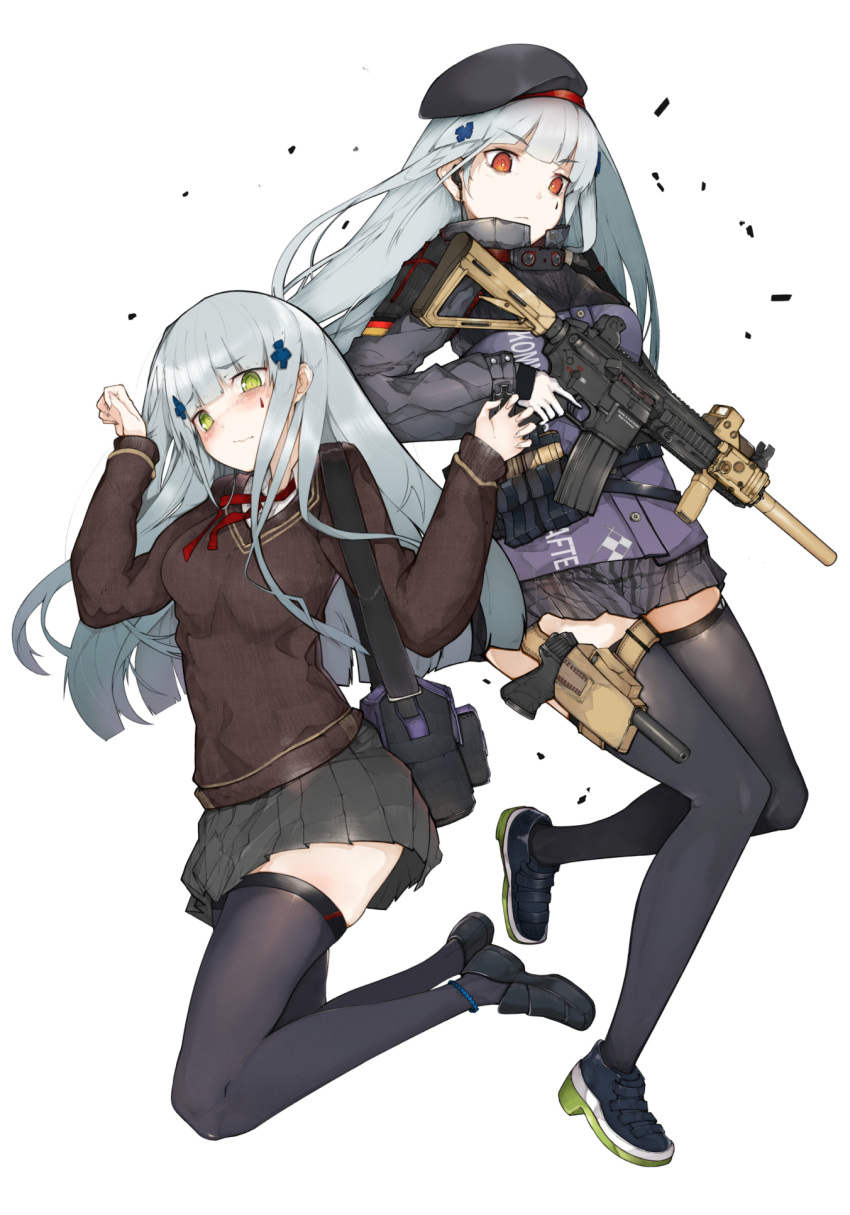 2girls alternate_eye_color ammunition_pouch assault_rifle bag bangs beret black_footwear black_legwear black_skirt blue_hair blunt_bangs blush brown_sweater clenched_hand commentary cross_hair_ornament dual_persona earphones earplugs ekuesu embarrassed english_commentary eyebrows eyebrows_visible_through_hair facial_mark frown german_flag girls_frontline gloves green_eyes gun h&amp;k_hk416 hair_ornament handgun hands_up hat highres hk416_(girls_frontline) holding holding_weapon holstered_weapon jacket jumping loafers long_hair looking_at_viewer looking_away multiple_girls optical_sight pouch purple_jacket red_eyes rifle school_uniform scope serafuku shoes shoulder_bag sight silver_hair skirt sneakers suppressor sweater tactical_clothes tattoo teardrop teardrop_facial_mark teardrop_tattoo thighhighs trigger_discipline vertical_foregrip weapon white_gloves