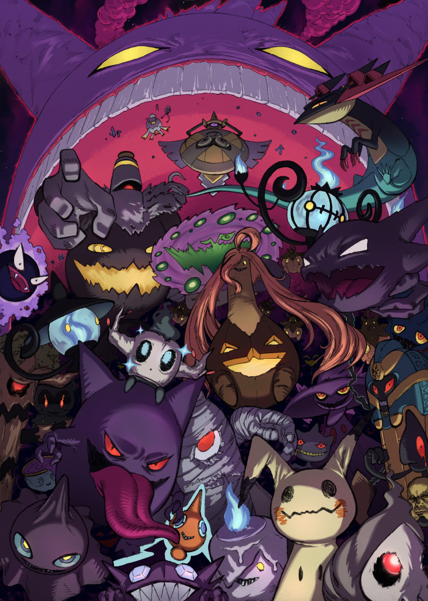 absurdres aegislash alternate_color banette blue_fire chandelure cofagrigus colored_sclera commentary dragapult drifblim drifloon dusclops dusknoir duskull english_commentary fire flomeki gastly gen_1_pokemon gen_2_pokemon gen_3_pokemon gen_4_pokemon gen_5_pokemon gen_6_pokemon gen_7_pokemon gen_8_pokemon gengar gigantamax gigantamax_gengar glowing glowing_eyes gourgeist haunter highres lampent litwick long_hair looking_at_viewer marshadow marshadow_(gloom) mimikyu misdreavus mismagius mouth mythical_pokemon no_humans open_mouth orange_hair outline phantump pokemon pokemon_(creature) reaching_out red_outline red_sclera rotom rotom_(normal) sableye shiny_pokemon shuppet sinistea sparkle spiritomb teeth tongue tongue_out trevenant yamask