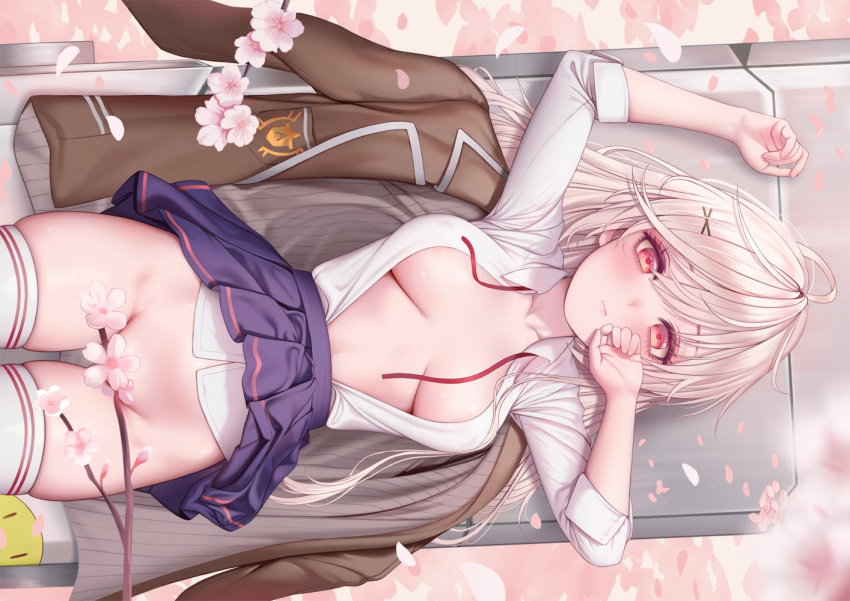 blush breasts cherry_blossoms erect_nipples flowers gray_hair last_origin long_hair madan_(kkh8936) no_bra nopan petals pink_eyes school_uniform skirt skirt_lift thighhighs undressing x-05_emily