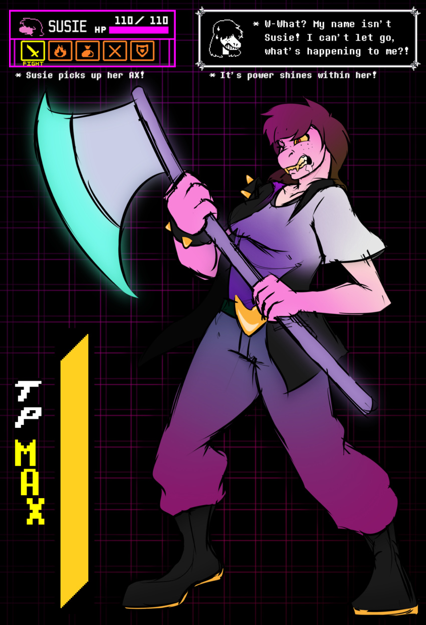 &lt;3 anthro axe axiomtf belt belt_buckle bodily_fluids boots bottomwear bracelet clothed clothing delta_rune_(emblem) deltarune denim denim_clothing dialogue english_text female footwear gender_transformation hair hi_res hud human humanoid jeans jewelry magenta_hair male mammal melee_weapon monster pants pattern_background pink_body purple_hair red_eyes saliva shirt shoes simple_background snout solo speech_bubble spiked_bracelet spikes susie_(deltarune) symbol t-shirt teeth text tf-sential tobyfox topwear transformation transformation_sequence two_handed_weapon undertale vest video_games weapon yellow_eyes yellow_teeth