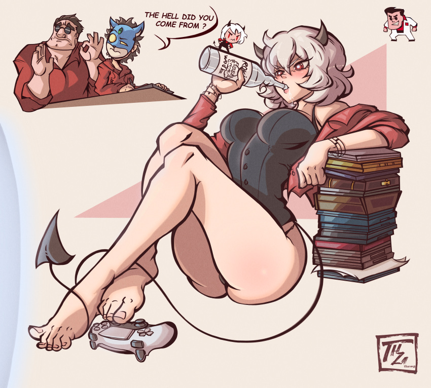 1boy 2boys absurdres alcohol artist_self-insert barefoot black_horns black_panties black_tail blush bodice book book_stack bracelet breasts chibi chibi_inset controller crossed_ankles demon_girl demon_tail drinking drunk full_body game_controller gamepad grey_hair hamza_touijri helltaker helltaker_(character) highres horns huge_filesize jewelry long_tail malina_(helltaker) medium_breasts meme multiple_boys ok_sign open_clothes open_shirt panties pink_lips playing_games red_eyes red_shirt shirt short_hair sitting solo_focus tail the_emperor's_new_groove toenails toes underwear vodka