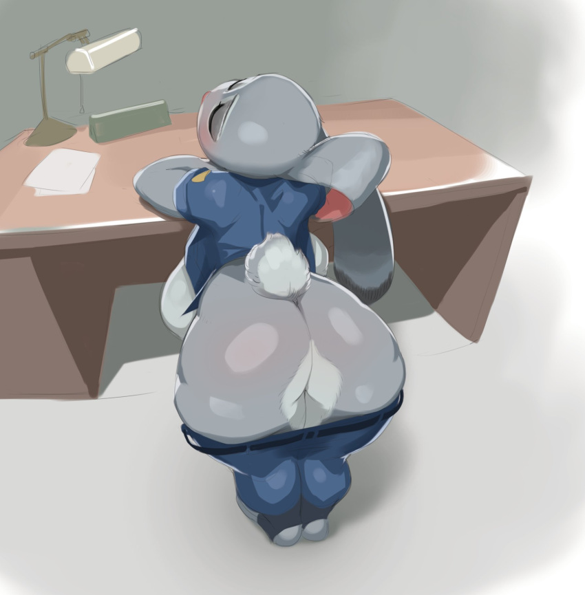 anthro bent_over big_butt bluedrg19 breasts butt clothed clothing disney female hi_res judy_hopps lagomorph leporid mammal pants_down partially_clothed rabbit solo zootopia