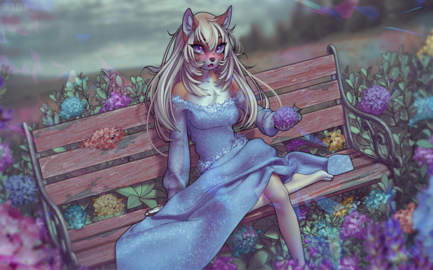 2021 5_fingers aimi anthro blonde_hair breasts canid canine canis clothed clothing day detailed_background digital_media_(artwork) domestic_dog eyebrows eyelashes feet female fingers hair mammal outside purple_eyes shiba_inu sitting spitz toes