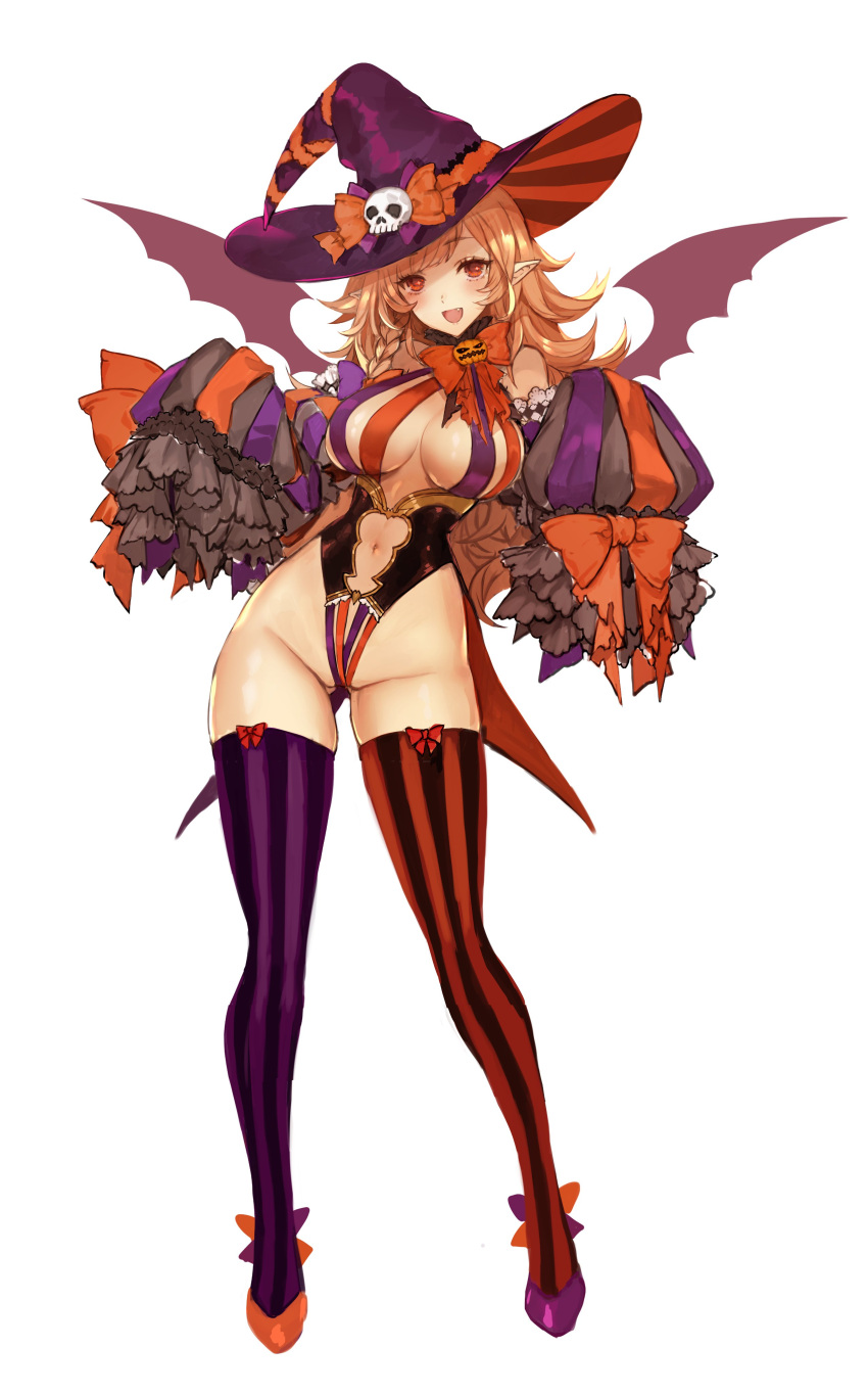 1girl absurdres apt ass_visible_through_thighs bangs bare_shoulders bat_wings blonde_hair bow breasts clothing_cutout commentary_request detached_collar detached_sleeves fang frills full_body halloween_costume hat highleg highleg_leotard highres large_breasts leotard lips long_sleeves looking_at_viewer navel navel_cutout open_mouth original pointy_ears red_eyes revealing_clothes shiny shiny_skin simple_background skull sleeves_past_wrists smile solo standing striped thighhighs thighs vertical_stripes wings witch_hat