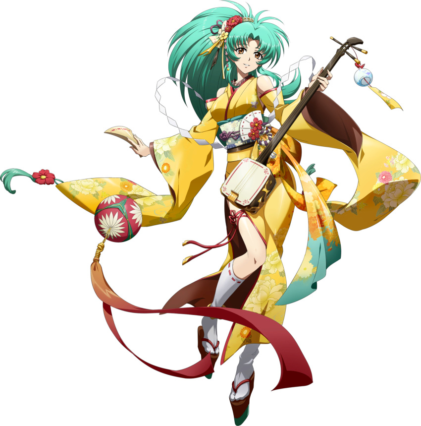 1girl angelina_(langrisser) aqua_hair brown_eyes floating_hair floral_print flower full_body grin hair_flower hair_intakes hair_ornament hair_ribbon highres holding holding_instrument instrument japanese_clothes kimono kneehighs langrisser langrisser_iv langrisser_mobile long_hair long_sleeves looking_at_viewer official_art ponytail print_kimono print_sleeves purple_ribbon red_flower red_ribbon ribbon ribbon-trimmed_legwear ribbon_trim shiny shiny_hair sleeveless sleeveless_kimono smile solo standing tabi transparent_background very_long_hair white_legwear wide_sleeves yellow_flower yellow_kimono yellow_sleeves