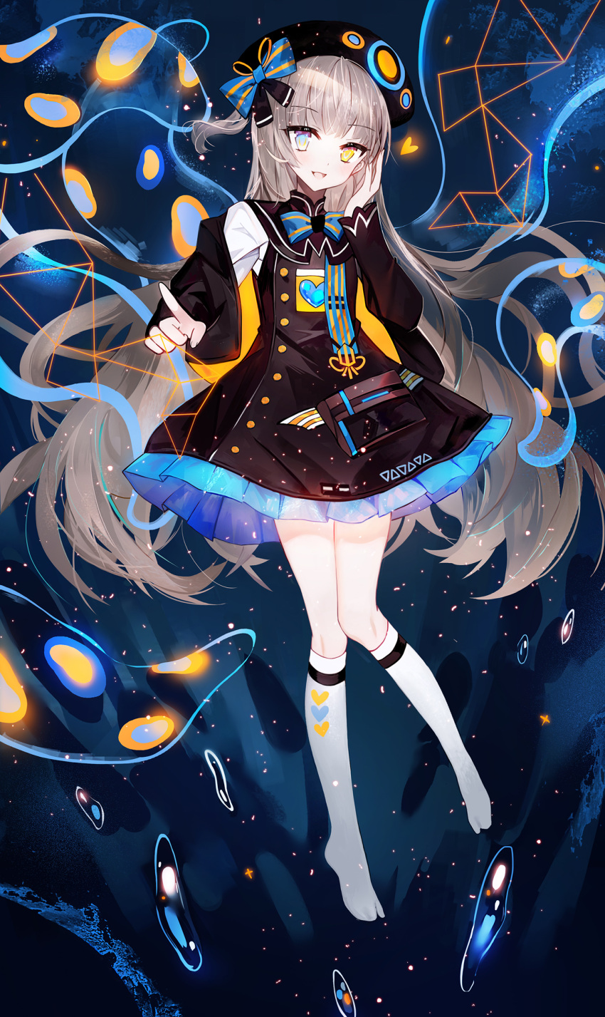 1girl :d bangs black_dress black_jacket blue_eyes brown_hair commentary_request cropped_jacket dress eyebrows_visible_through_hair frilled_dress frills full_body hand_up heart heterochromia highres jacket kneehighs long_sleeves looking_at_viewer moemoe3345 no_shoes open_clothes open_jacket open_mouth original pointing pointing_at_viewer shirt sleeveless sleeveless_dress sleeves_past_wrists smile solo tentacles water_drop white_legwear white_shirt yellow_eyes