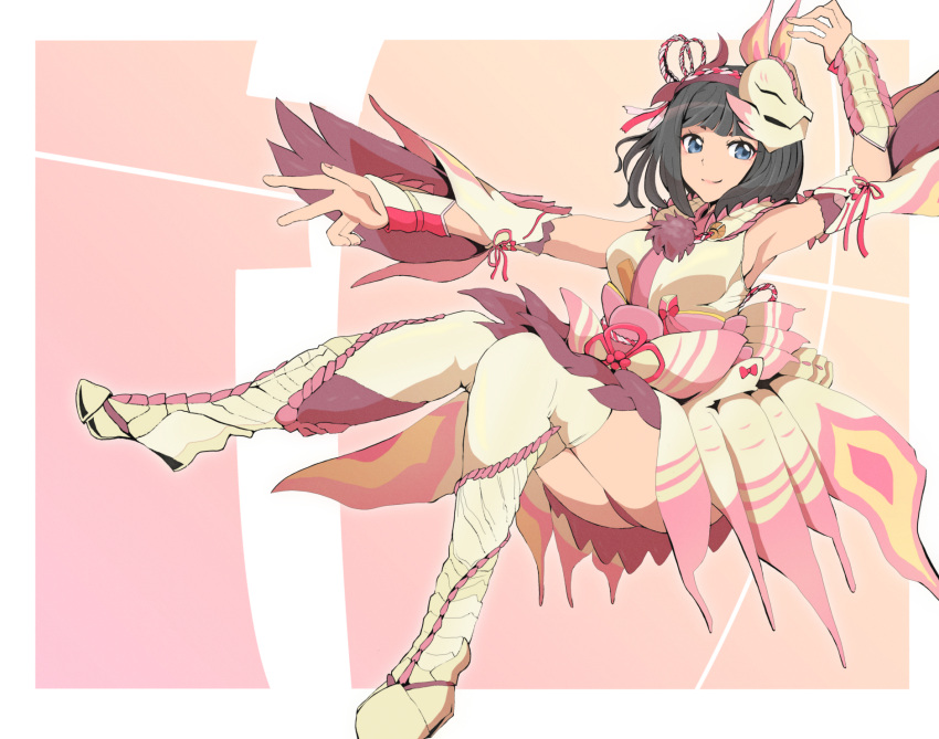 1girl armor bangs bare_shoulders black_hair blunt_bangs breasts detached_sleeves fox_mask gloves highres hood japanese_clothes looking_at_viewer mask mizutsune_(armor) monster_hunter_(series) monster_hunter_rise parted_lips ryouseirui short_hair skirt solo thighhighs