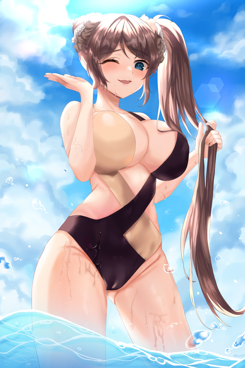 1girl ;d absurdres artist_name ass_visible_through_thighs bangs black_swimsuit blue_eyes blush breasts brown_hair cameltoe collarbone contrapposto day dripping eyebrows_visible_through_hair gold_swimsuit groin hair_bun hands_up highres holding holding_hair huge_filesize large_breasts lens_flare long_hair multicolored multicolored_clothes multicolored_swimsuit one-piece_swimsuit one_eye_closed open_mouth original outdoors pucohiiiii side_ponytail sidelocks smile standing sunlight swimsuit twitter_username wading water water_drop wet