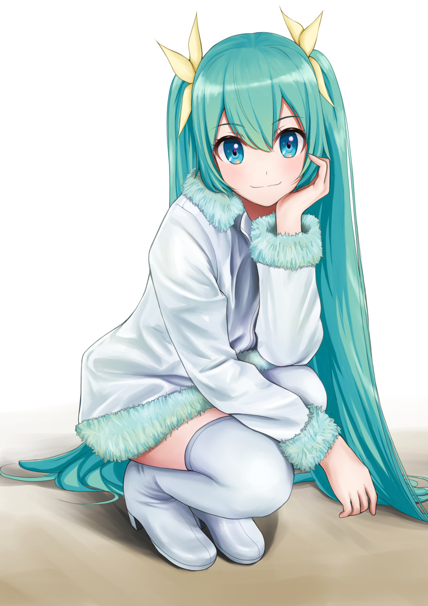 1girl :3 absurdres aqua_hair arm_support blue_eyes coat commentary full_body fur-trimmed_coat fur_trim hair_ornament hatsune_miku head_rest high_heels highres long_hair looking_at_viewer nekoinu_bamboo smile solo squatting thighhighs twintails very_long_hair vocaloid white_background white_coat white_legwear