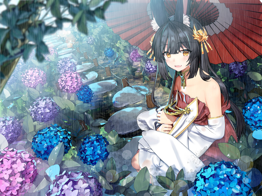 animal_ears anthropomorphism azur_lane black_hair flowers foxgirl nagato_(azur_lane) rain sugita_ranpaku umbrella water